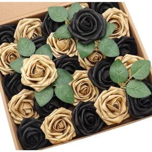 25 Count | Gold & Black Roses Wedding Bouquet Flowers Centerpiece Decor